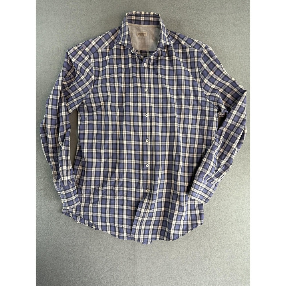 Brunello Cucinelli Shirt Mens Large Blue Plaid Button Up Long Sleeve Made Italy